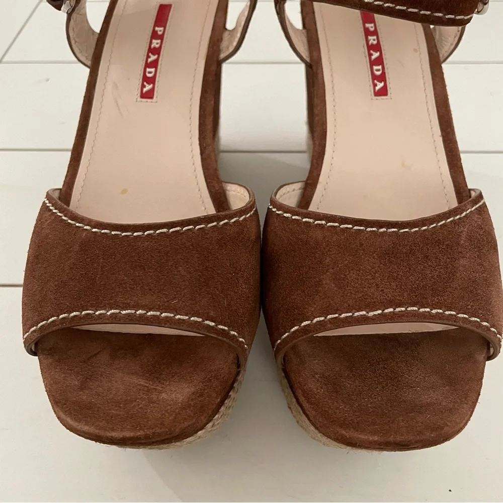 PRADA 3XZ170 Suede Platform Wedge Sandals Brown Espadrille Ankle Strap Size 36.5